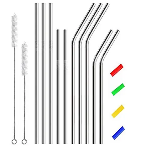 New Reusable Stainless Steel Straws Metal Drinking Straws with Brushes and Silicone Tips