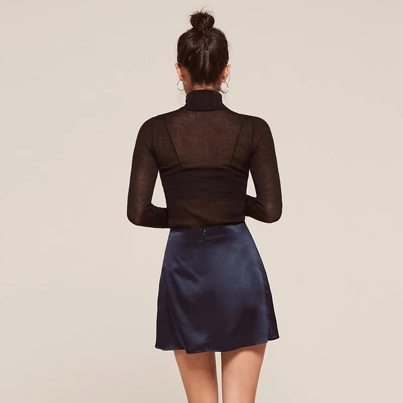 Premium soft silk charmeuse elegant woman autumn navy mini satin skirt