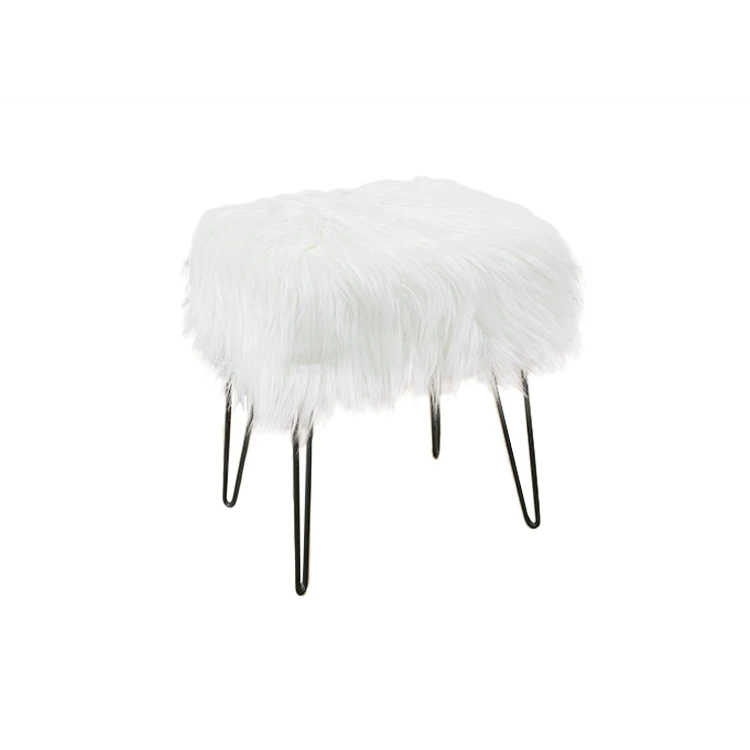 ODM&OEM Hot Sale Bedroom Vanity Stool Modern Decorative White Square Faux Fur Stools With Metal Legs
