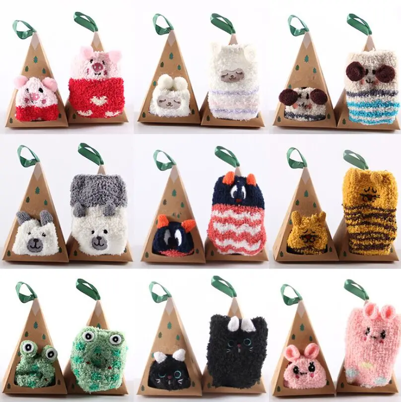 Cute Animal Pattern Winter Fleece Baby Socks with Triangle Gift Box Free Size for Kid Toddlers and Christmas