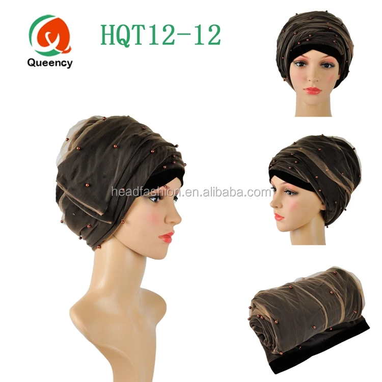 HQT12 Queency Latest Fashion Handmade Islamic Muslim Women Turban Gele Velvet Headscarf with Net and Beads