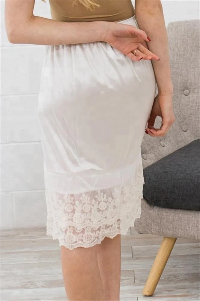 Summer Ladies White Lace Trim Knee Length Skirt Extender