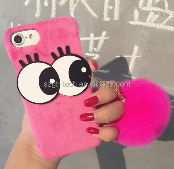 
big eyes tassel fur Mobile Phone Case for iPhone 7,fluff ball leather case for For iPhone 7, for iPhone 7 rabbit fur pompom Case 