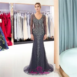 2021 Mermaid Evening Dress Long Sleeves V-Neck Tassel Women Evening Gown Silver Prom Dress beaded  Vestido de Fietsa  PE17