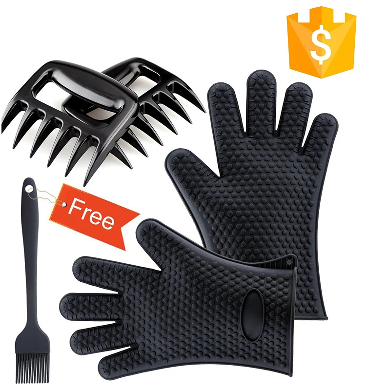 GreenEarth Silicone Oven Mitts BBQ Grill Brush Meat Claws Heat Resistant Kitchen Tool Sets Including Skewers Basket in Box