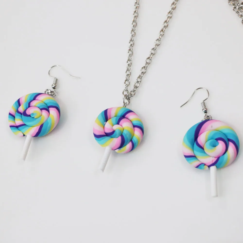 Lovely Colour Lollipop Earring Necklace Jewellery Handmade Polymer Lollipop Swirl Candy Cane Earring Necklace Set