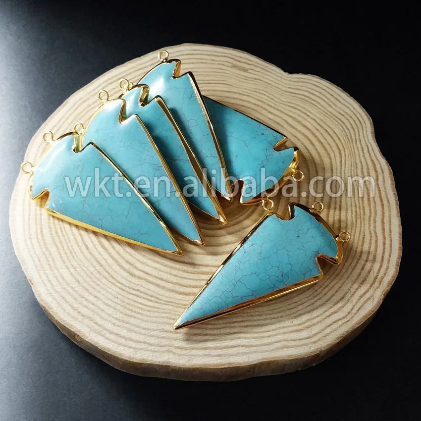 WT-P559 Wholesale Large Turquoise Howlite Pendant Edged in Electroplated 24k gold, fashion big turquoise arrowhead pendant