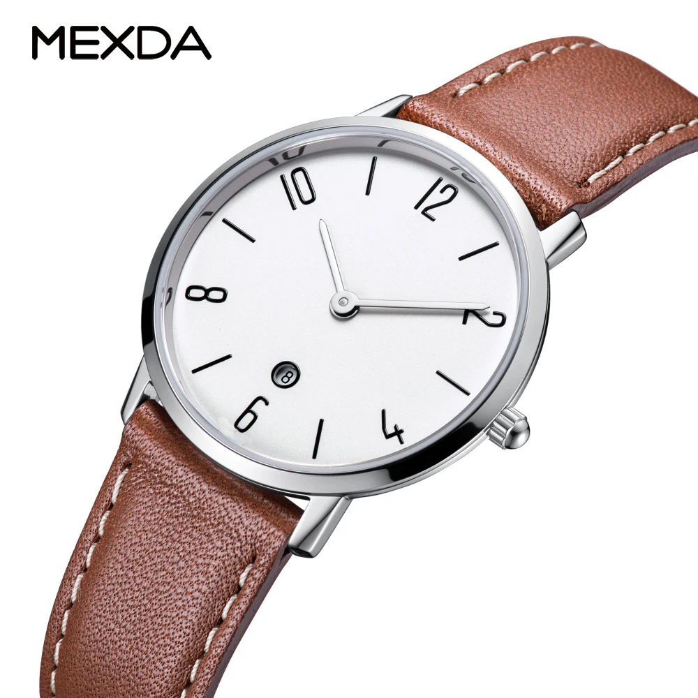 mexda brand Fashion style stainless steel case japan quartz movement genuine leather strap women watches