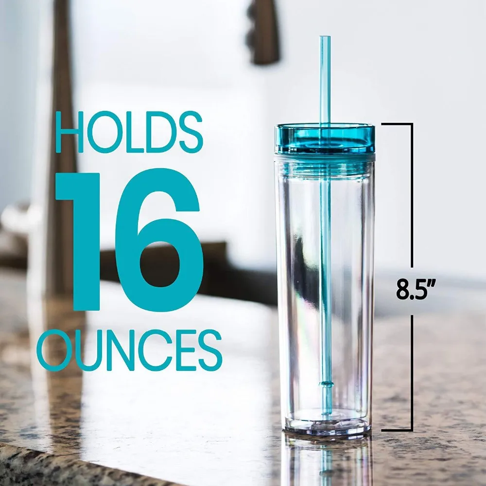 Popular BPA free colorful 16oz acrylic Skinny tumbler with Lid and Straw  double wall reusable plastic skinny tumbler