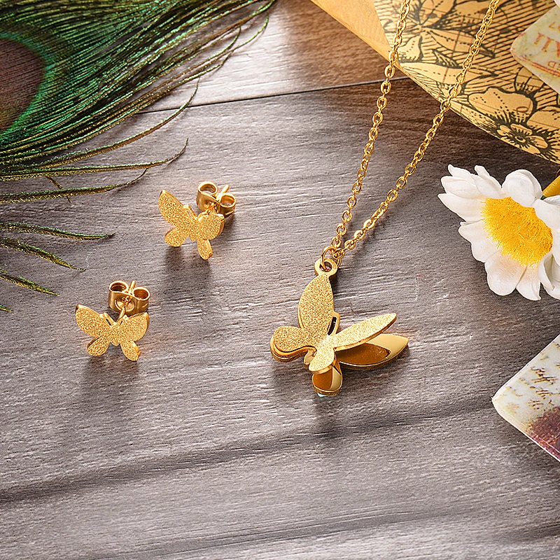 BAOYAN Оптовая Продажа 18K позолоченная бабочка из нержавеющей стали свадебный комплект ювелирных изделий, ожерелье бабочка из нержавеющей стали