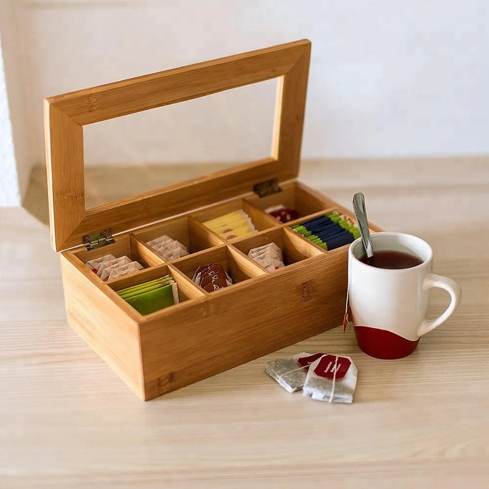 Kitchen Tea Box Bamboo Tea bag Organizer Taller Size Holds 120+ Standing or Flat Tea Bags coffee Storage