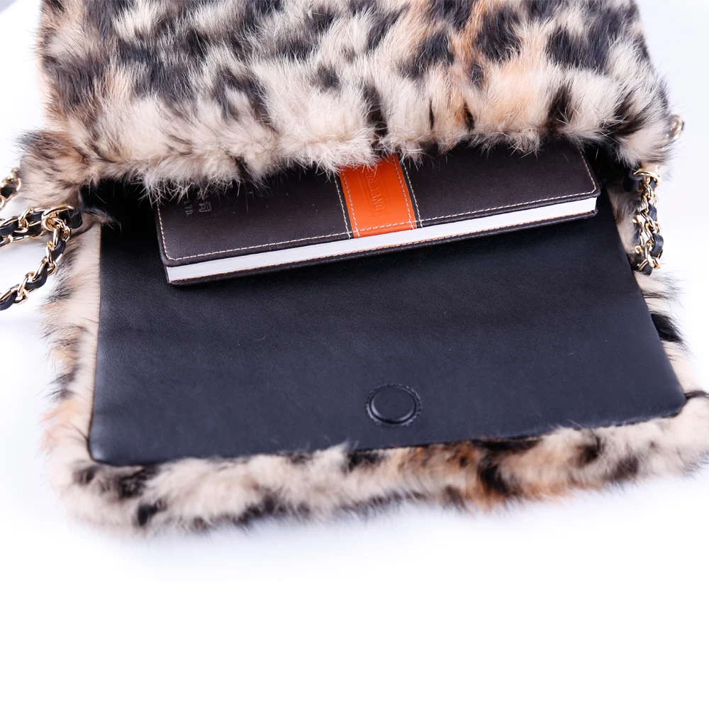 Fashion Designer Charm Luxury Leopard Pattern Print Real Rabbit Fur Women Fur Bag