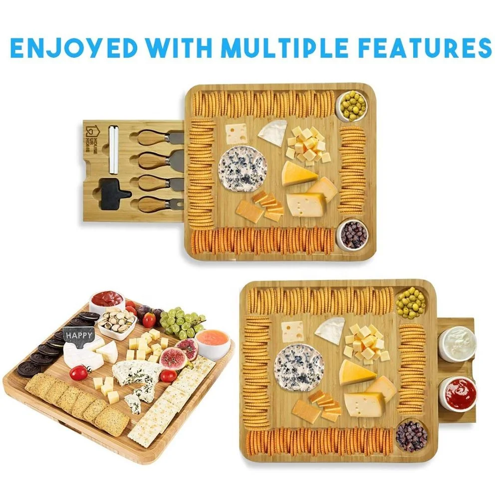 Bamboo Cheese Board Wooden Two Ceramic Bowls Two Magnet Drawers Serving Platter Cutlery Server Knife Set