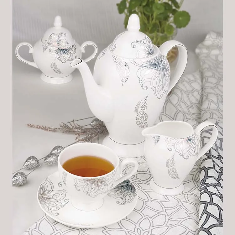Bone china tea cup and saucer flower pot porcelain tea set of 6 cup and saucer for 6 people 15pcs with milk jug and sugar bowl