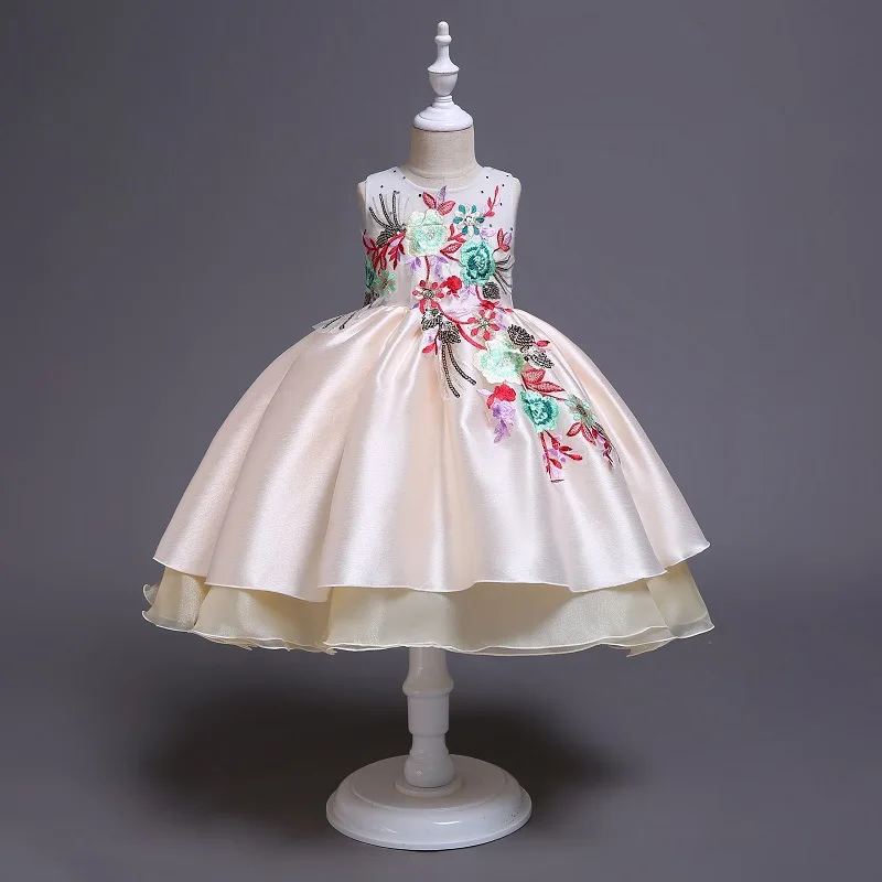 
KLS008 Embroidered 3D Flowers Girls Party Dresses Princess Wedding Sleeveless Knee Length Red Satin latest Girls Frock Designs 