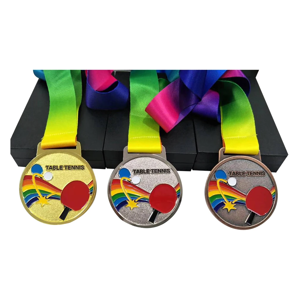 Металлическая медаль для настольного тенниса с лентой, золотисто-серебристо-медный