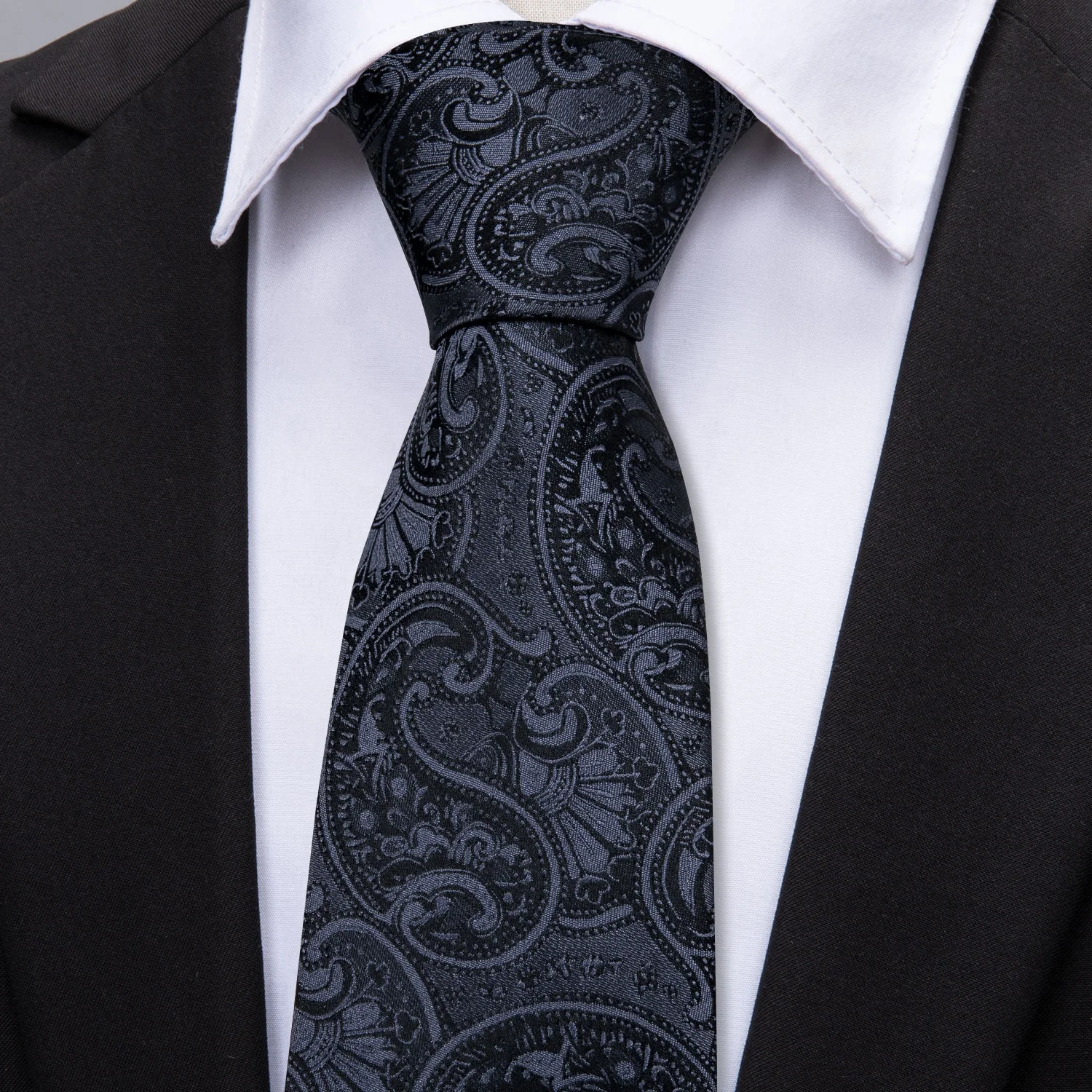Classic Paisley Jacquard Woven Tie Pocket Square Cufflinks Black Silk Tie Set For Men