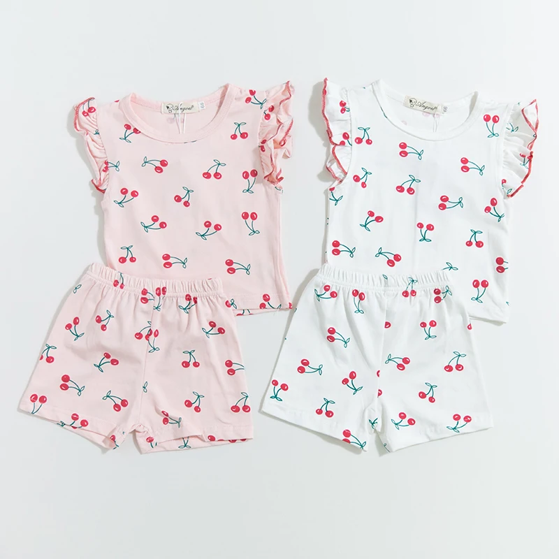 Summer girls clothing set cherry printed cotton baby suit