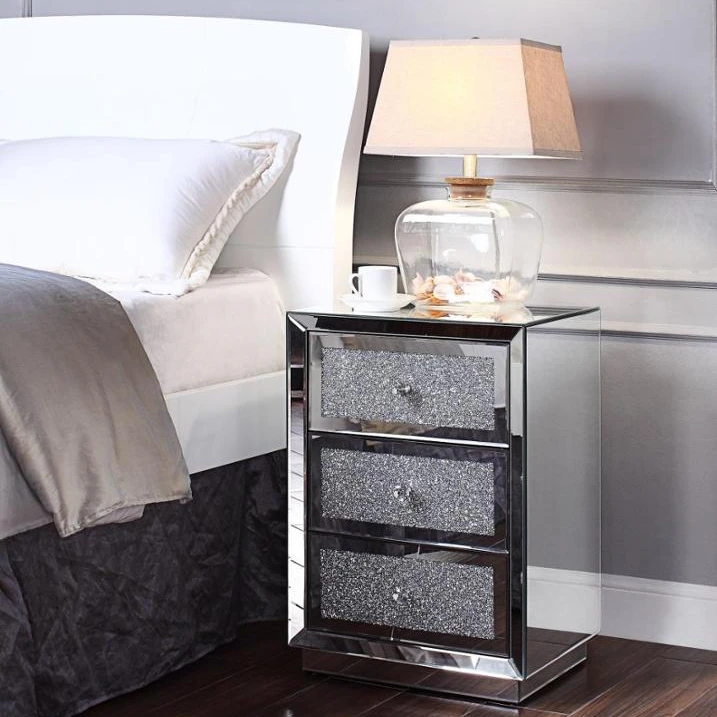 Bedroom hot sale crushed diamond luxury smart modern silver mirror nightstand bedside table