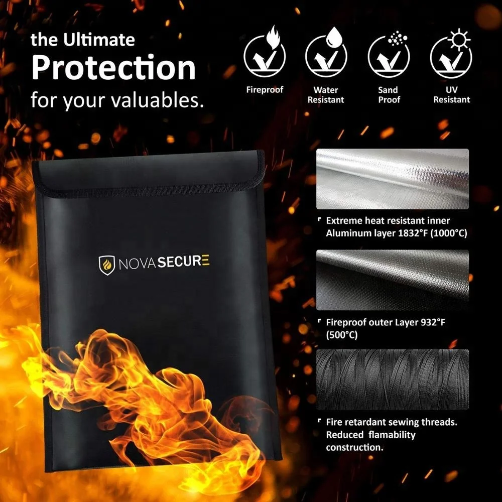 Non Itchy Silicon Coated Fiberglass Water and Fire Resistant Fireproof Document Bag for Money , Documents , Jewelry and Passport