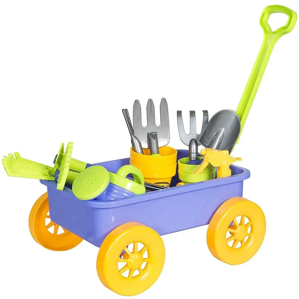 Pull Along Wagon Kids Wheelbarrow Gardening Tools Set with 10 Accessories for Children