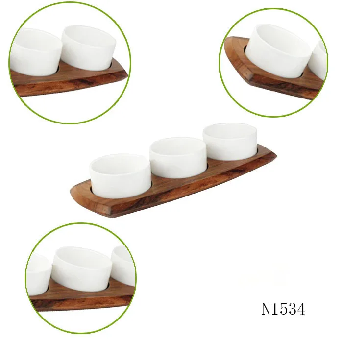 New design sauces plate acacia base with ceramic dip bowl