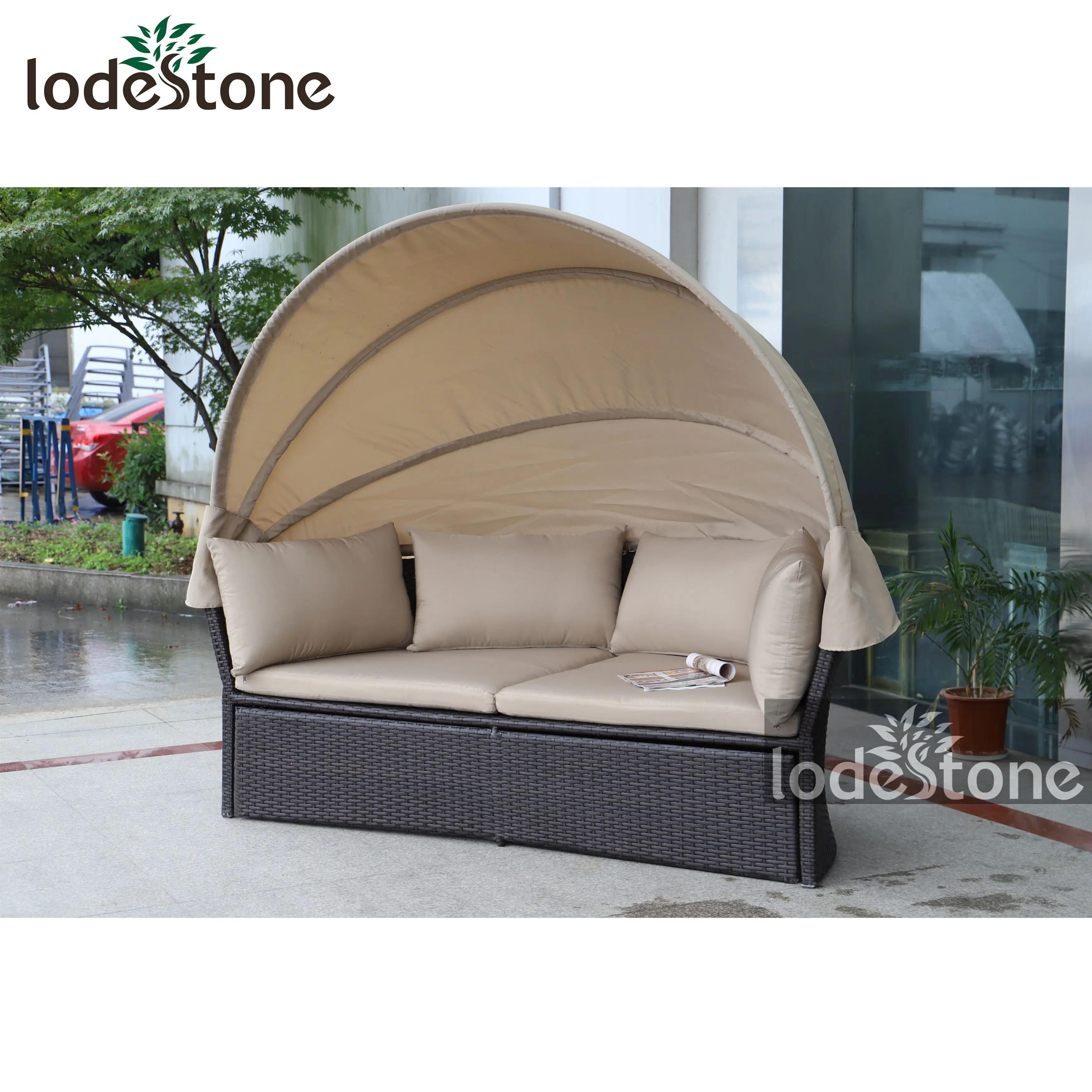 
Luxury Garden Beach Round Rattan Daybed Patio Furniture Outdoor Bed With Canopy 