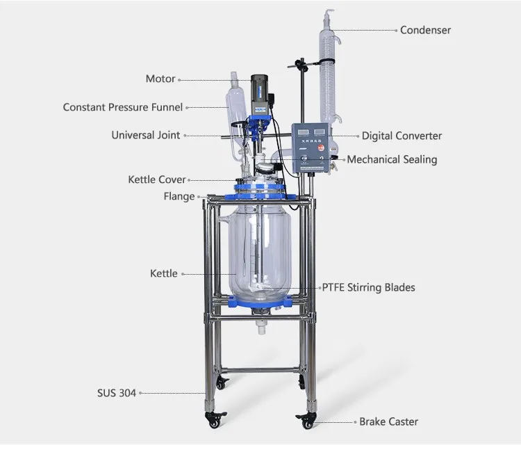 Laboratory Double-layer Jacketed Stirred Wave Bioreactor ,Alcohol Glass Reactor,Multi-usage jacket reactor