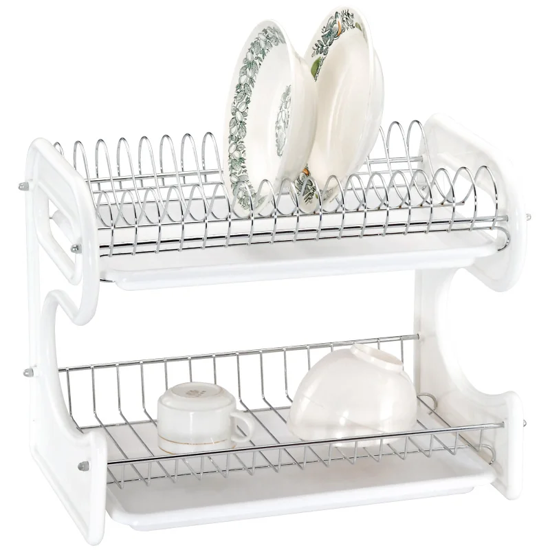 2 Tier Kitchen Dish Rack Dryer Organizer Counter Iron Metal Wire Stainless Steel Drainer Plate Storage Cup Rack with PP Tray