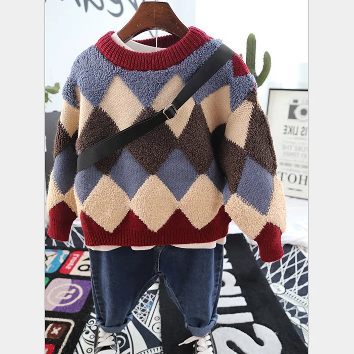 
YY10129B Wholesale fashion diamond pattern pullover kids boys 100% pure cashmere argyle sweater 