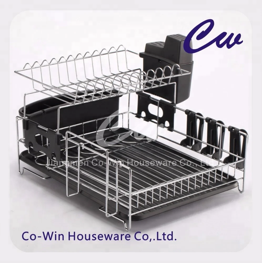 Kitchen Dish Drainer Drying Rack with Drip Tray and Full Mesh Silverware Storage Basket Black