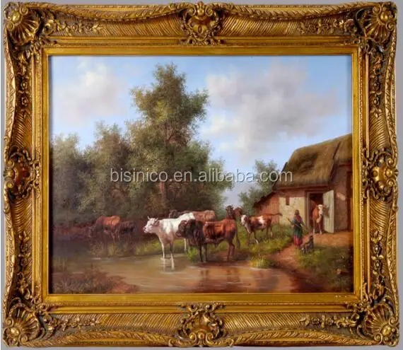Classic Antique Golden Carved Square Framed Oil Painting, Landscape Handmade Oil Painting