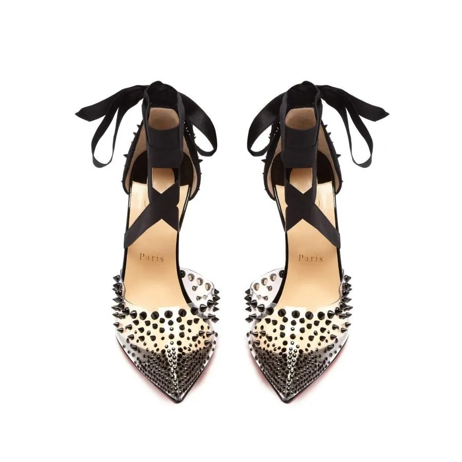 Pointed toe transparent pvc upper rivet rhinestone sandals ribbon tied ankle sandals