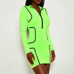 Neon lime green long sleeve wrap mini sport dress party women fall dresses