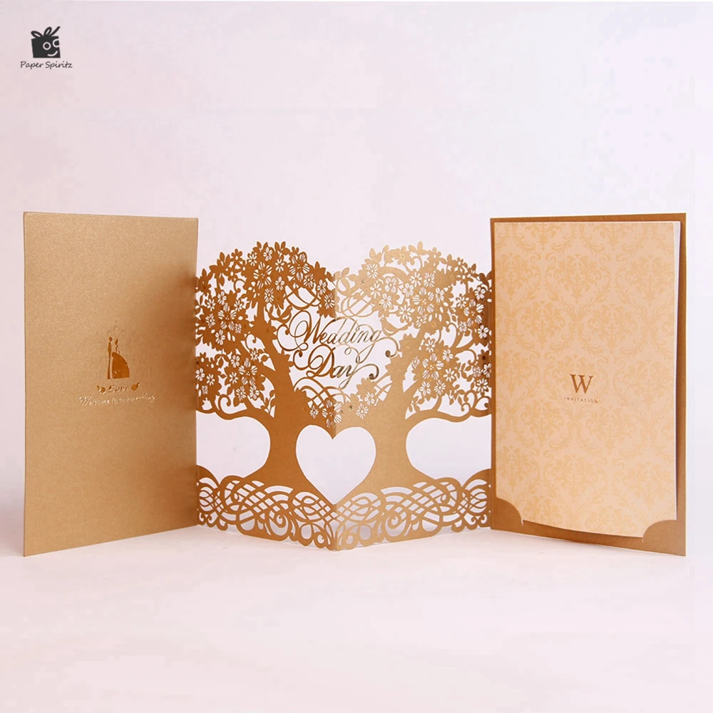 
Laser Cut Tree Wedding Invitations Cards Personalized Customized Printing with Envelope Red and Gold Color 