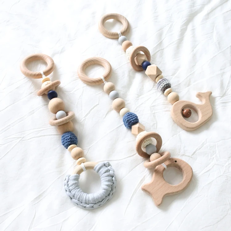 Organic Wooden Whale Fish Ring Silicone Crochet Beads Play Gym Hanging Toys Baby Teether