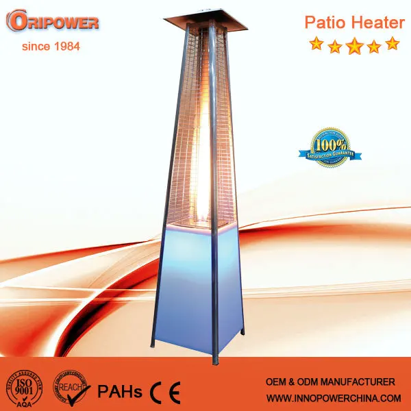 Outdoor LED light pyramid real flame gas patio heaters with quartz glass tube
