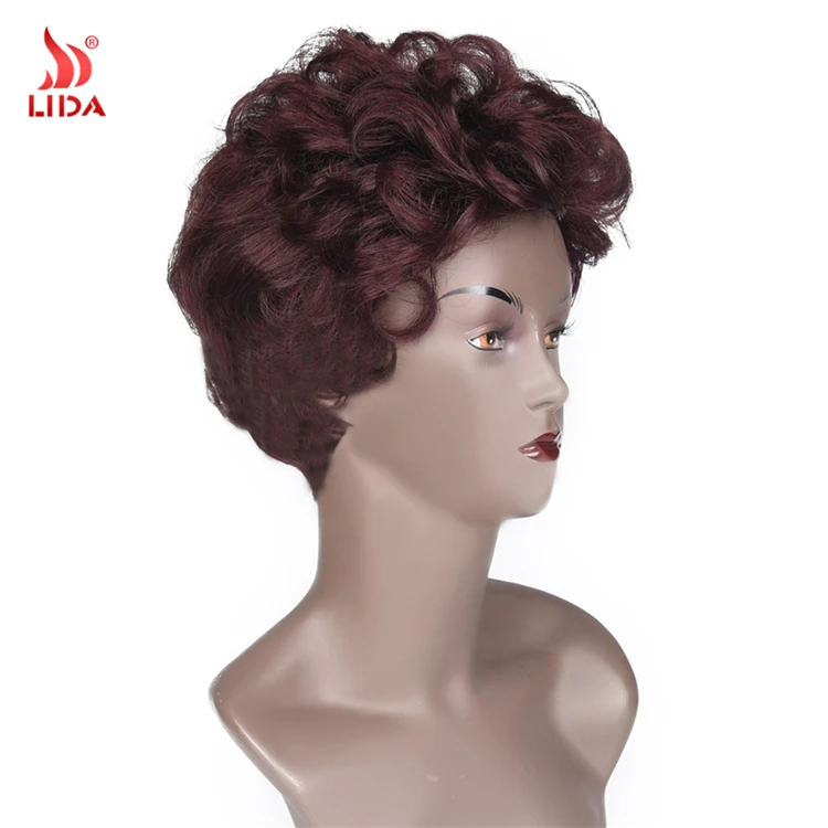 Lida synthetic Short Afro Curly Wine Red 99J# 4inch 6044 old lady Wig