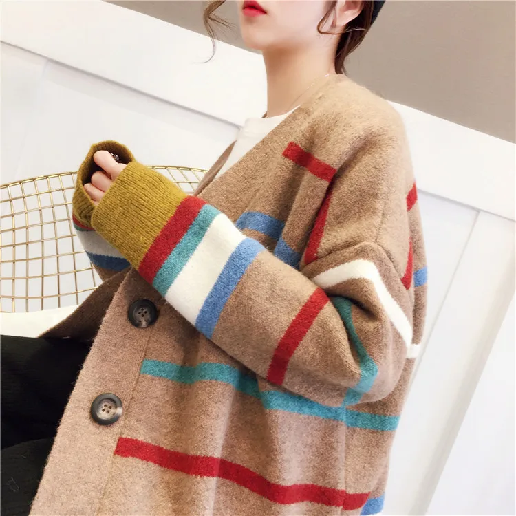 spring autumn casual v-neck front open buttons up rainbow stripe ladies cardigan sweater winter women knitted loose coat