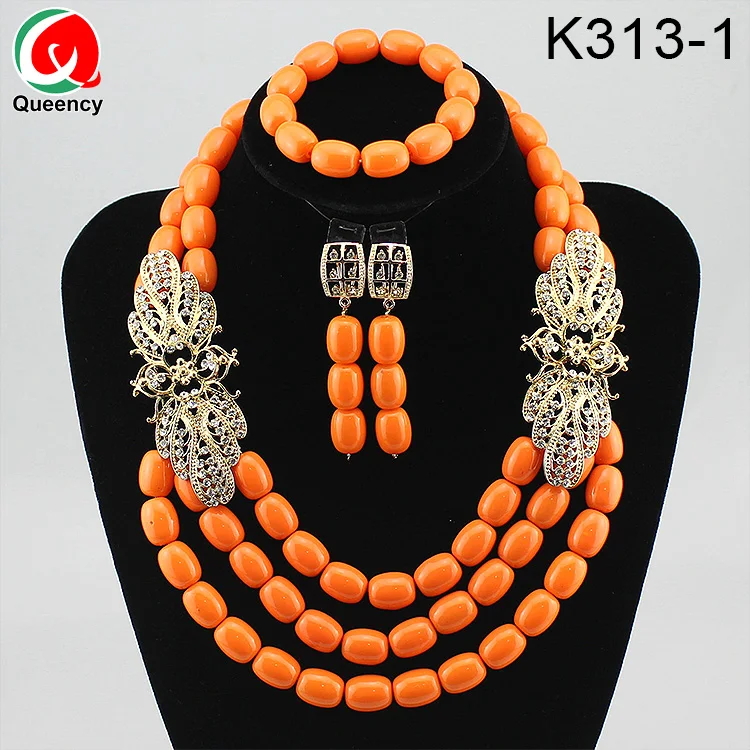 Queency High Quality African Wholesale Coral Beads Bridal Jewelry Sets Wedding Indian