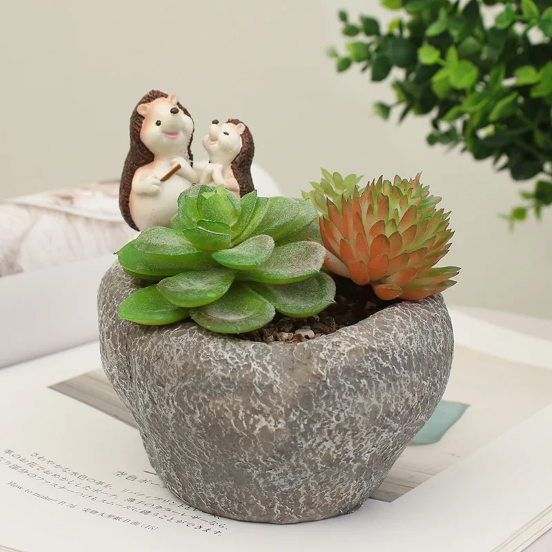 Roogo Cute Fairy Garden Miniature Imitation Stone Bunny Hedgehog Frog Bee Animal Planter Plant Box Succunlent Pots Handicrafts