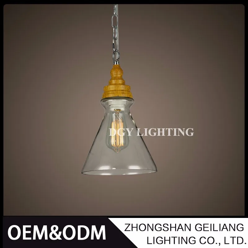 
factory wholesale living room wooden holder hanging light glass pendant lamp 