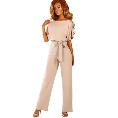 European and American jumpsuit female summer high waist slim trousers wide leg loose round neck short sleeve new jumpsuit