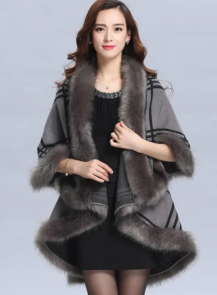 Женская двойная накидка из искусственного лисьего меха, шаль для женщин