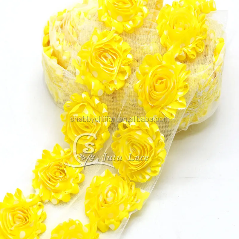 
Wholesale decorative Shabby Flower trim By The Yards , Rosette Chiffon Fabric Flowers in printed polka-dots color 