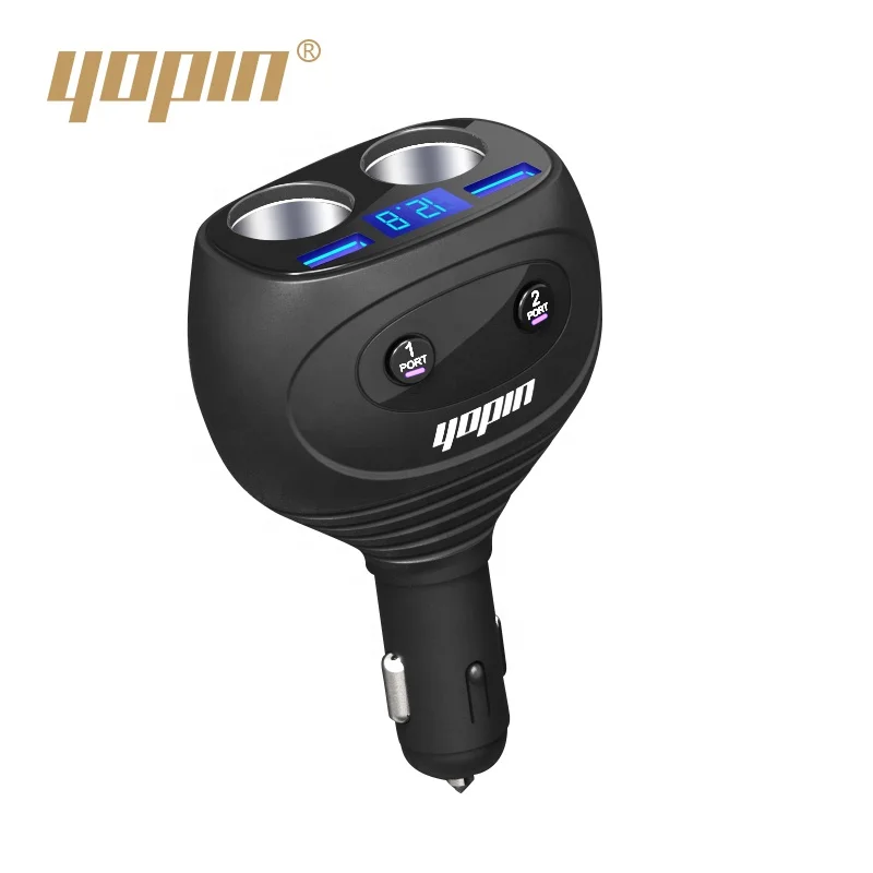 best selling product led voltmeter 4 in 1 car charger with twin socket extender, dual usb car charger with dual 12v sockets