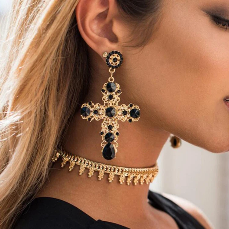 New Design Fashion KC Gold Cross With Black Red Crystal Heavy Party Jewelry Women Charm Earring