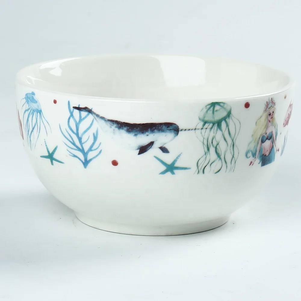 Food Grade Fish Printed Deep Salad Bowls Personalized Ceramic Cereal Bowl