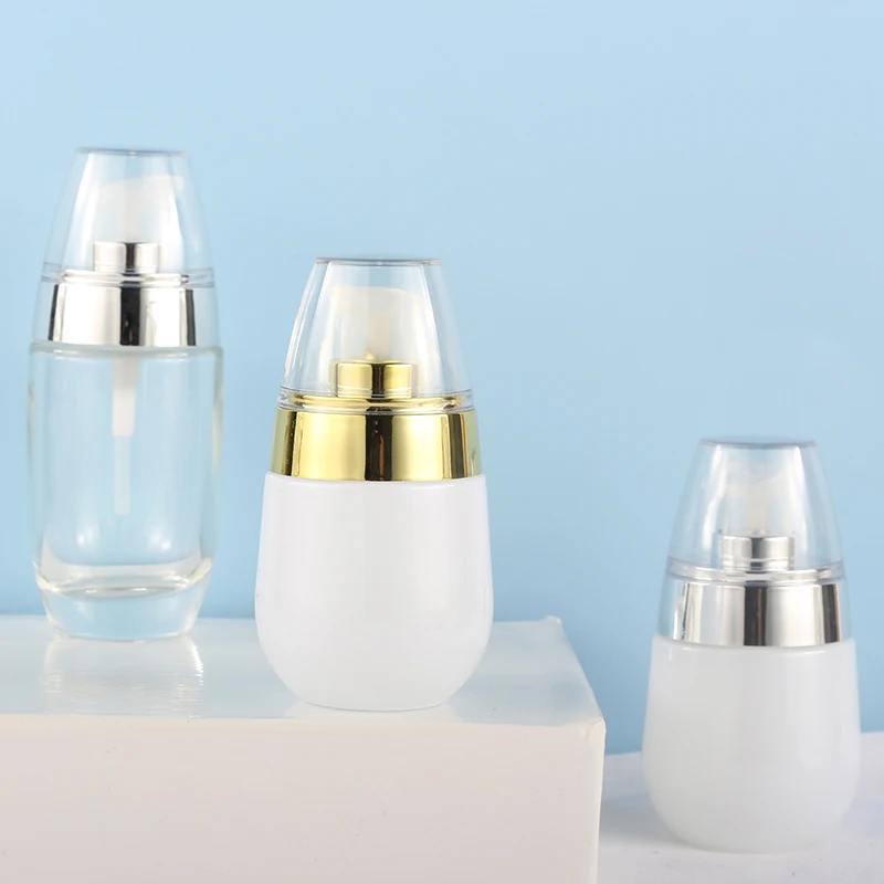Luxury cosmetic packaging 30ml 50ml pearl white cosmetic serum bottle pump foundation glass bottle