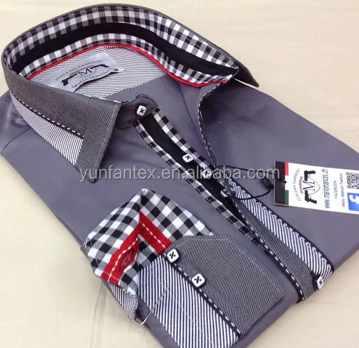 
2021 Italian fashion POPLIN check contrast collar and cuff long sleeve shirt double collar 